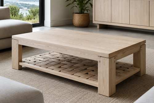 Amalfi light oak coffee table with exposed joinery and woven lower shelf