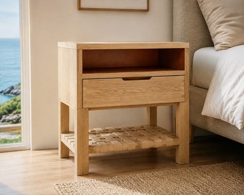 Amalfi light oak side table with drawer open shelf and woven lower shelf