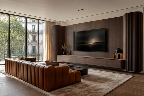 Arc dark walnut curved media wall