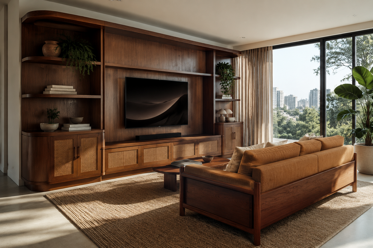 Arch walnut and cane media cabinet wall