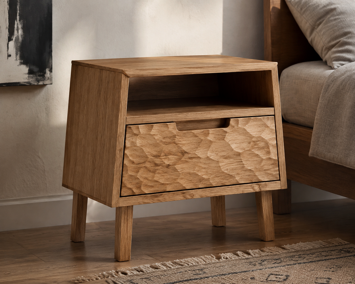Aspen oak side table with open shelf and hand-faceted drawer front