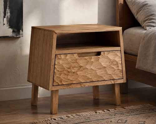 Aspen oak side table with open shelf and hand-faceted drawer front