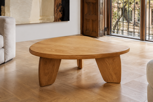 Barcelona organic triangular oak coffee table with sculptural angled legs