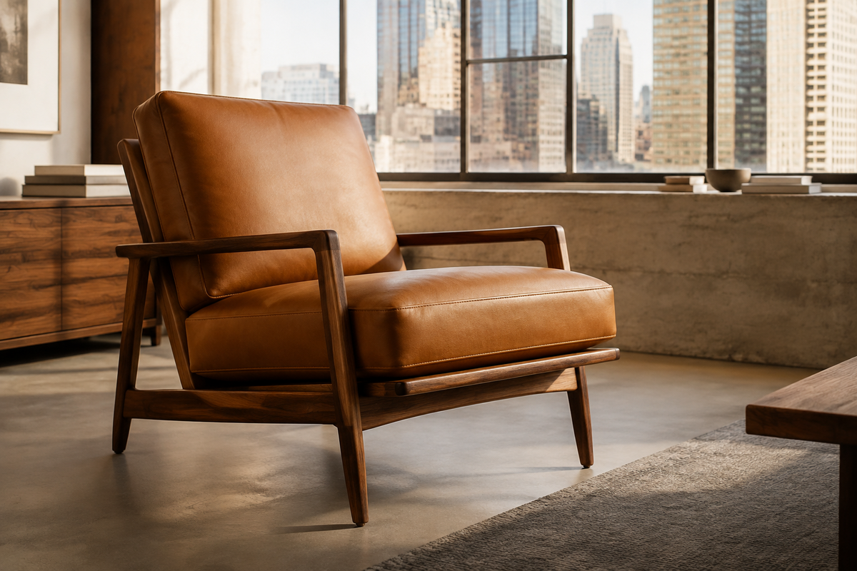 Brooklyn cognac leather lounge chair with sculpted walnut frame