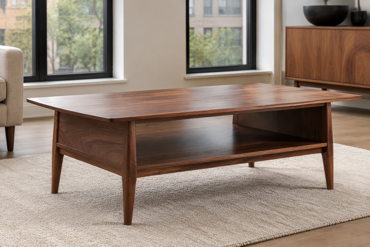 Brooklyn walnut rectangular coffee table with open lower shelf and tapered legs