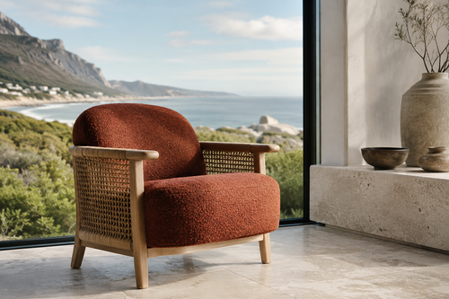 Cape Town rust upholstered accent chair with light timber and woven cane sides