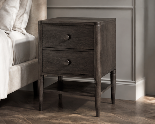Chelsea charcoal oak side table with two drawers round knobs and lower shelf