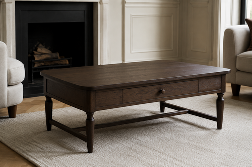 Chelsea dark oak rectangular coffee table with drawer turned legs and stretcher frame