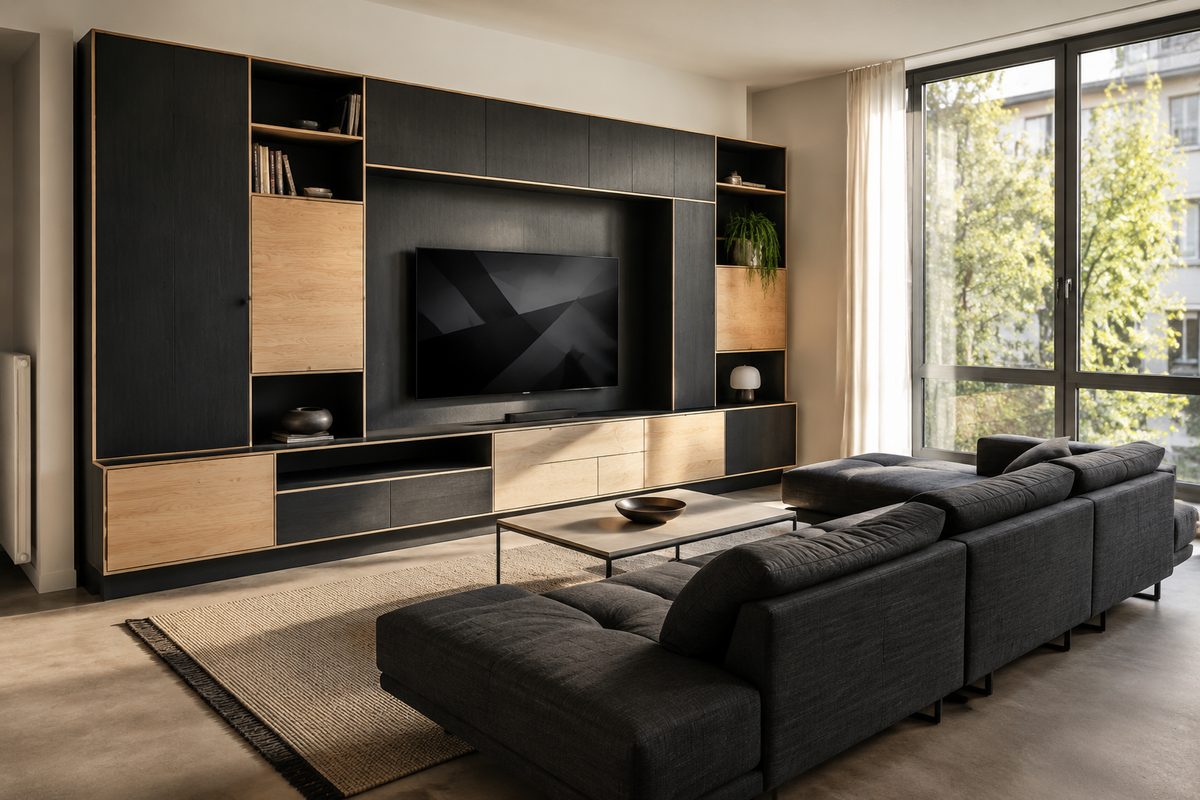 Contrast black and oak modular media unit