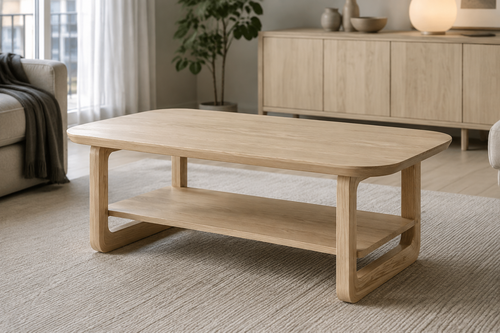 Copenhagen light oak rectangular coffee table with rounded frame and lower shelf