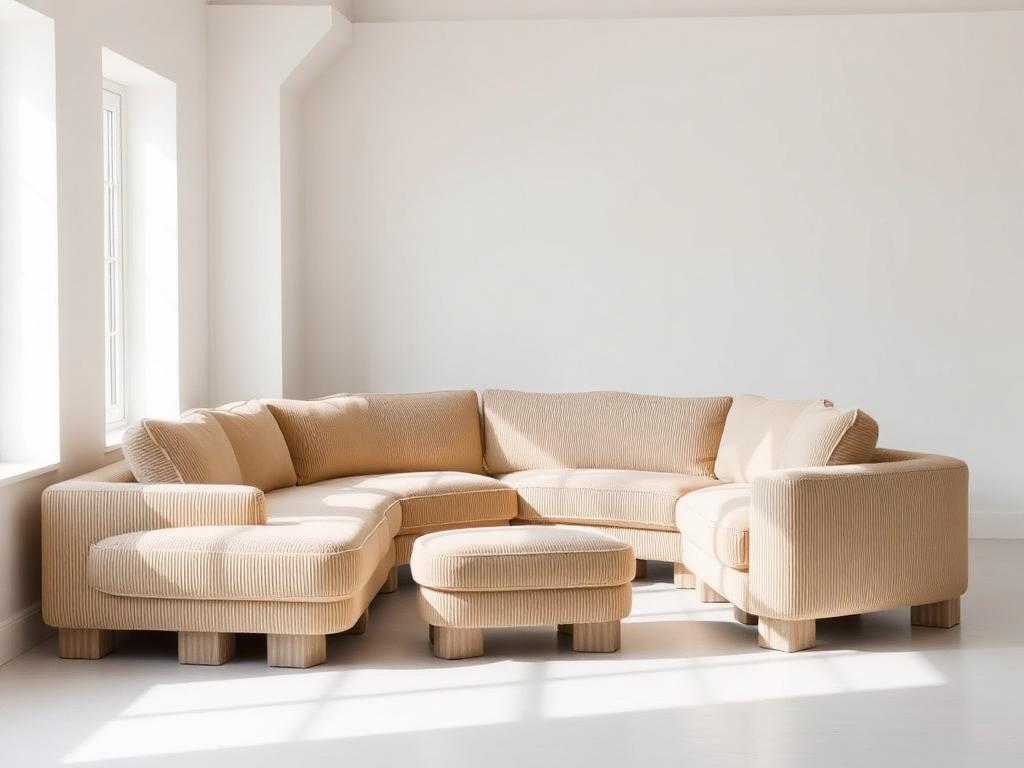 Corduroy cream modular corner sofa with ottoman