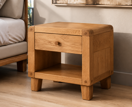 Cotswold solid oak side table with exposed joinery drawer and lower shelf