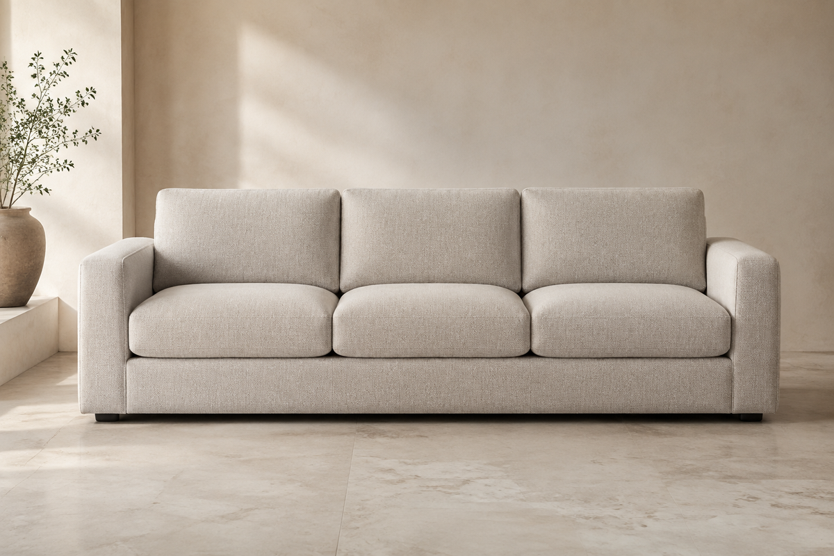 Creek contemporary three-seat sofa in light greige upholstery