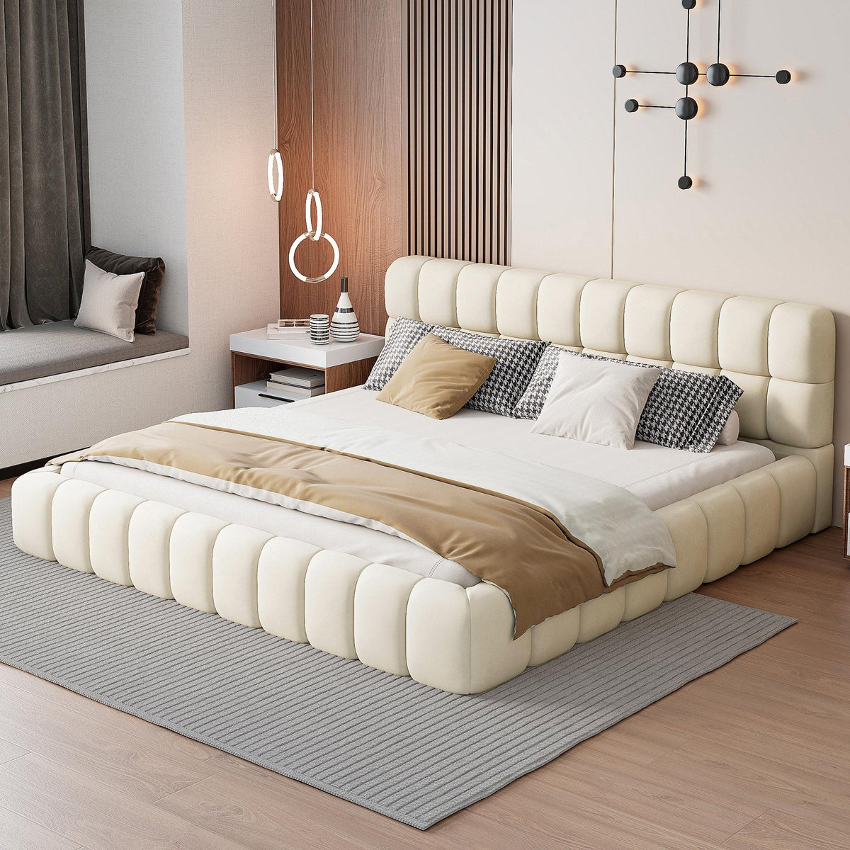 Cream upholstered channel bed with contemporary headboard