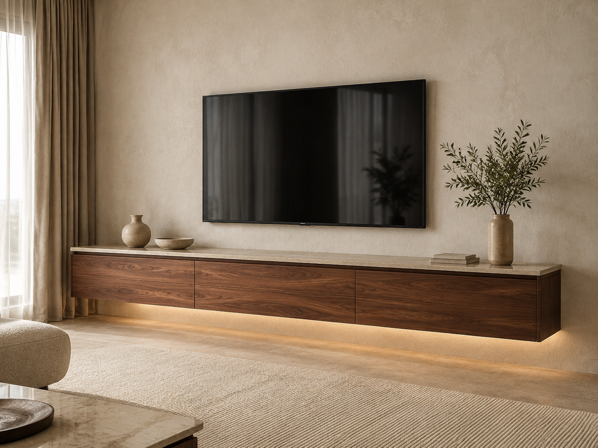Custom floating walnut media console with stone top