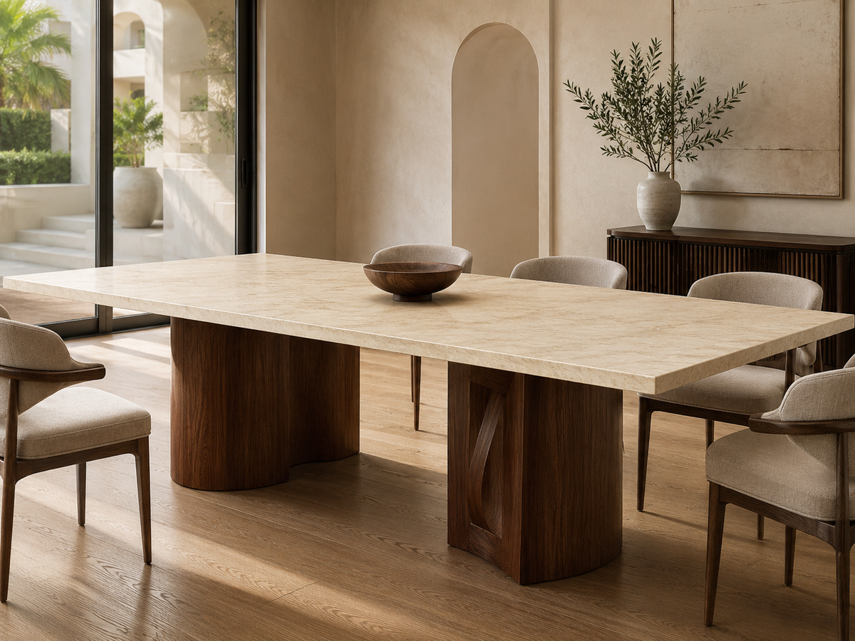 Custom travertine and walnut dining table