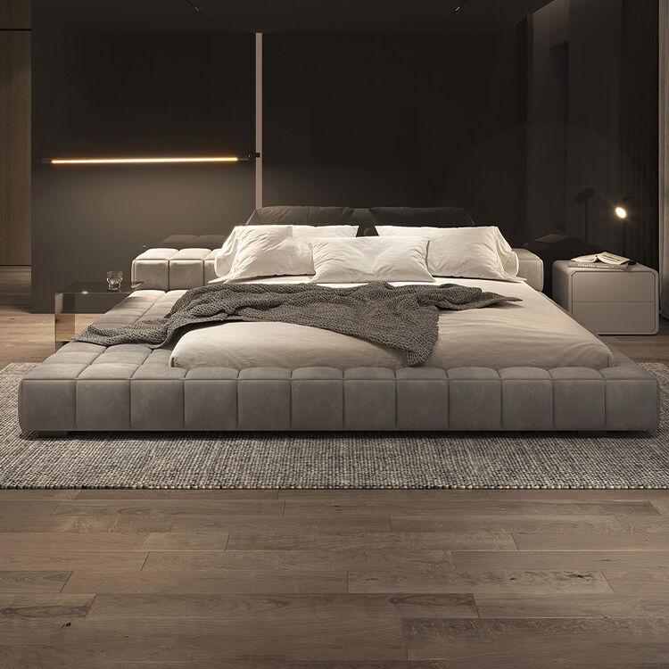 Low grey upholstered luxury platform bed