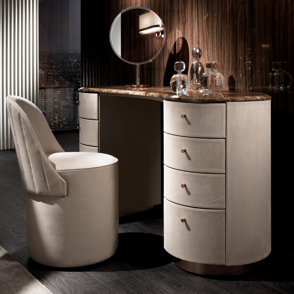 Luxury upholstered dressing table with marble top and mirror