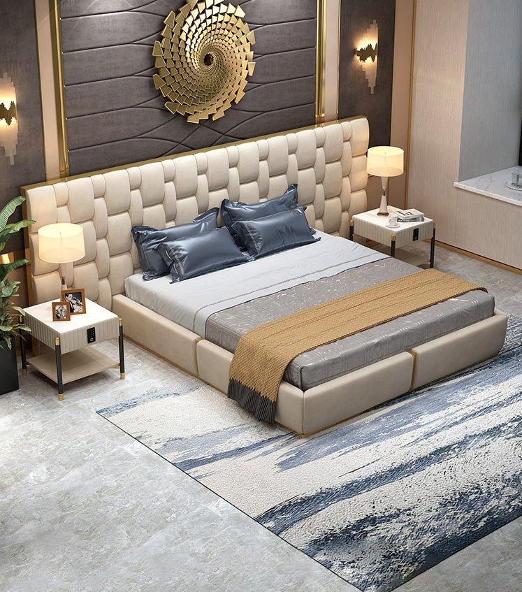 Luxury upholstered bed with tall panel headboard
