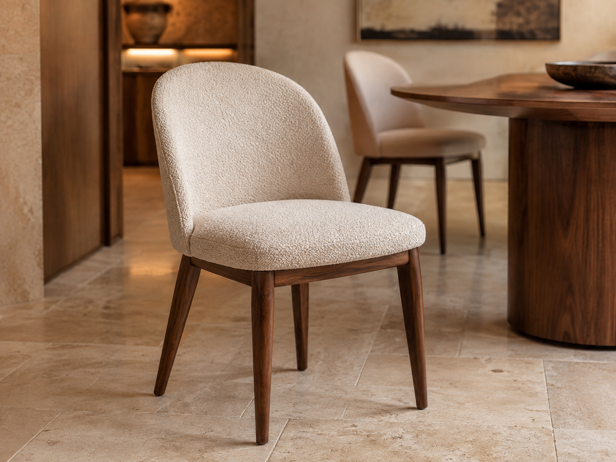 Custom oatmeal boucle and walnut upholstered dining chair