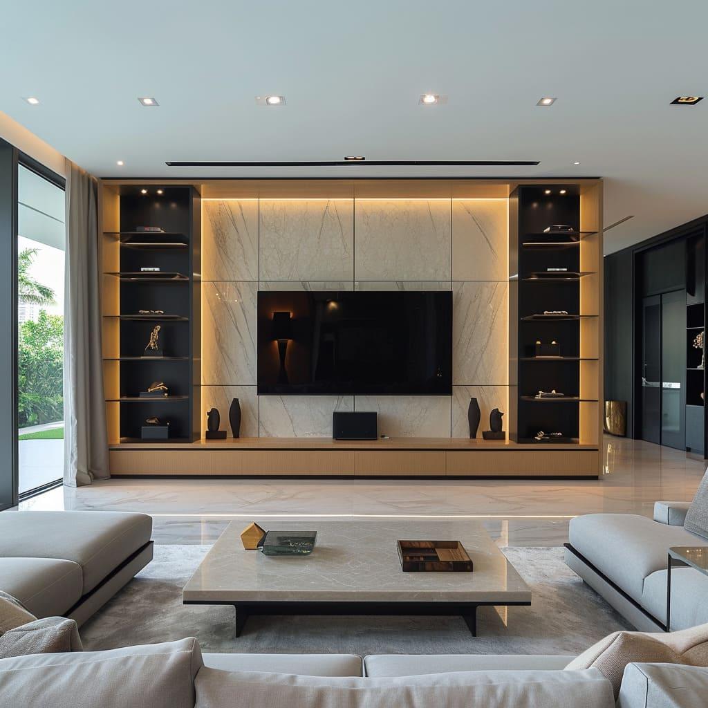 Modern stone TV feature wall with illuminated display shelves