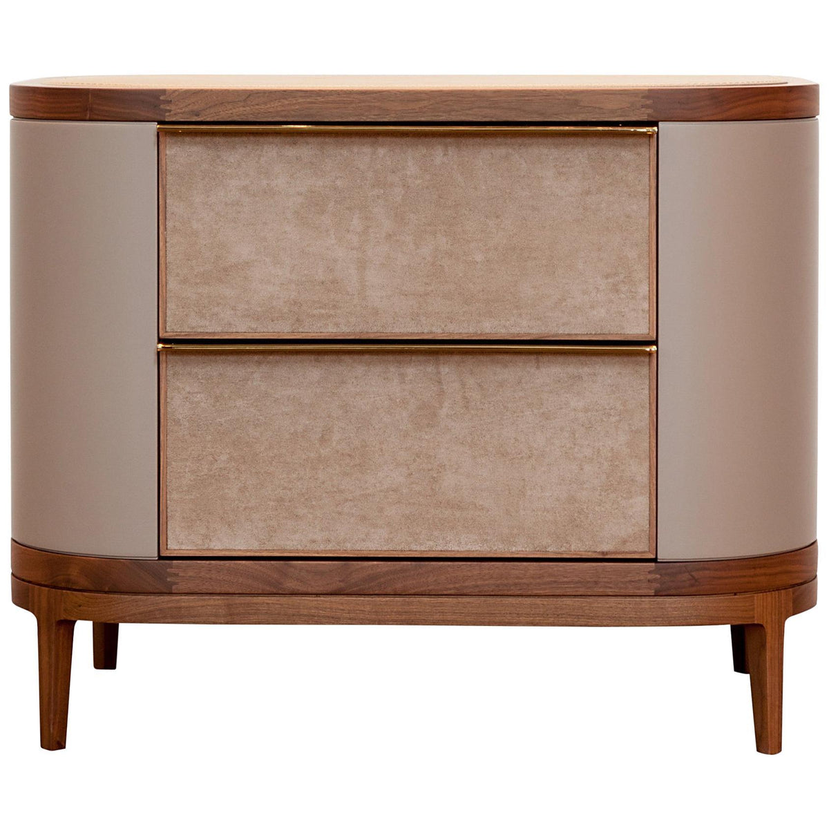 Curved walnut and upholstered luxury nightstand