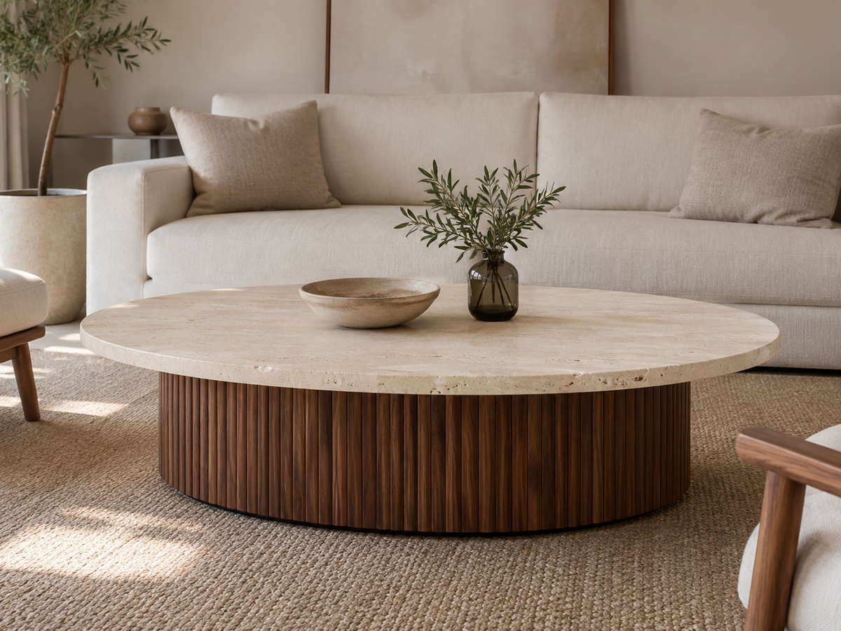 Custom oval stone-top and walnut coffee table