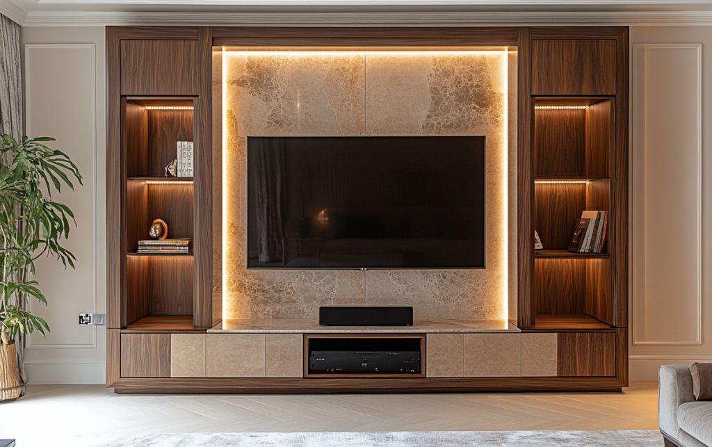 Custom walnut and stone TV wall with illuminated shelving