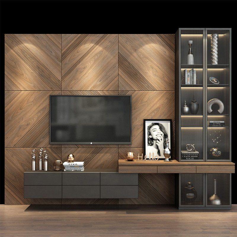 Wood panel TV wall with display cabinet and floating storage