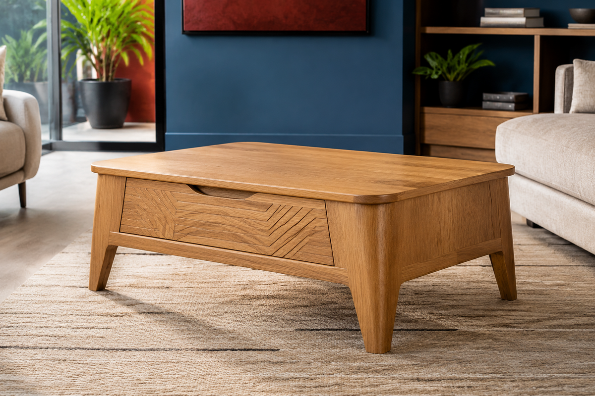 Denver warm oak coffee table with geometric carved drawer front and tapered legs
