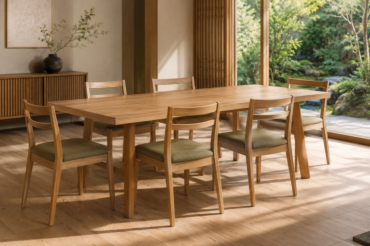 Crown Bay Oakline wooden dining table with upholstered dining chairs