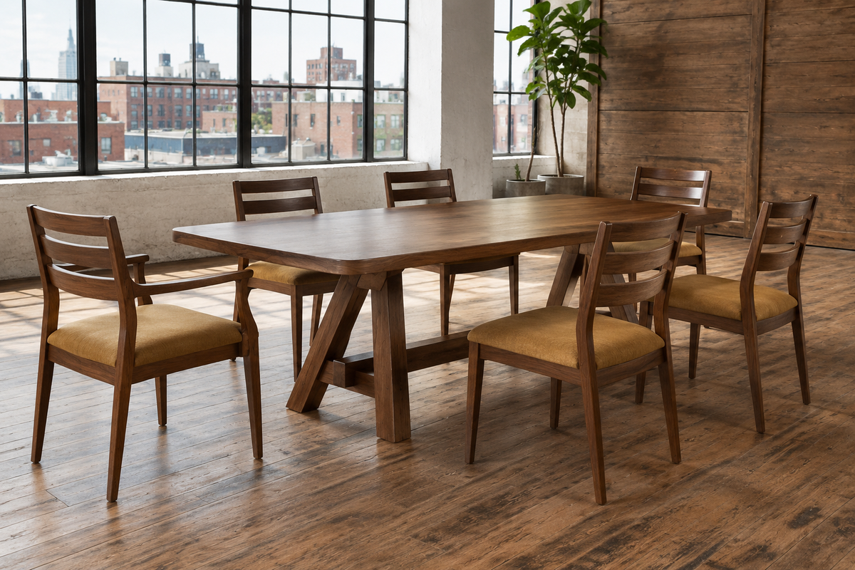 Crown Bay walnut dining table with mustard upholstered wooden chairs