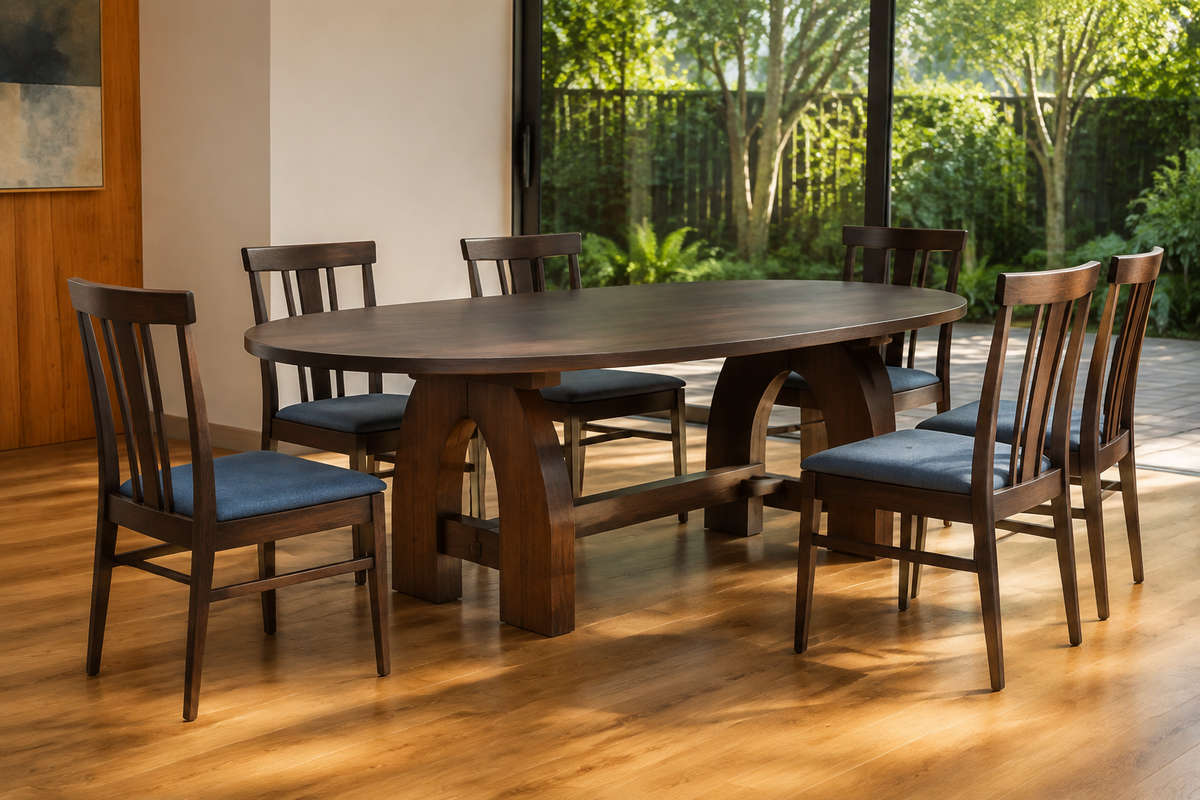 Crown Bay dark wood oval dining table with blue upholstered chairs