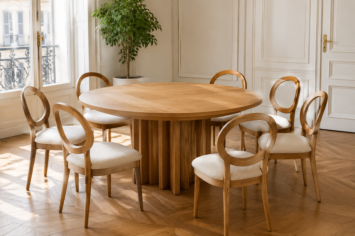Crown Bay Atelier round wooden dining table with boucle chairs