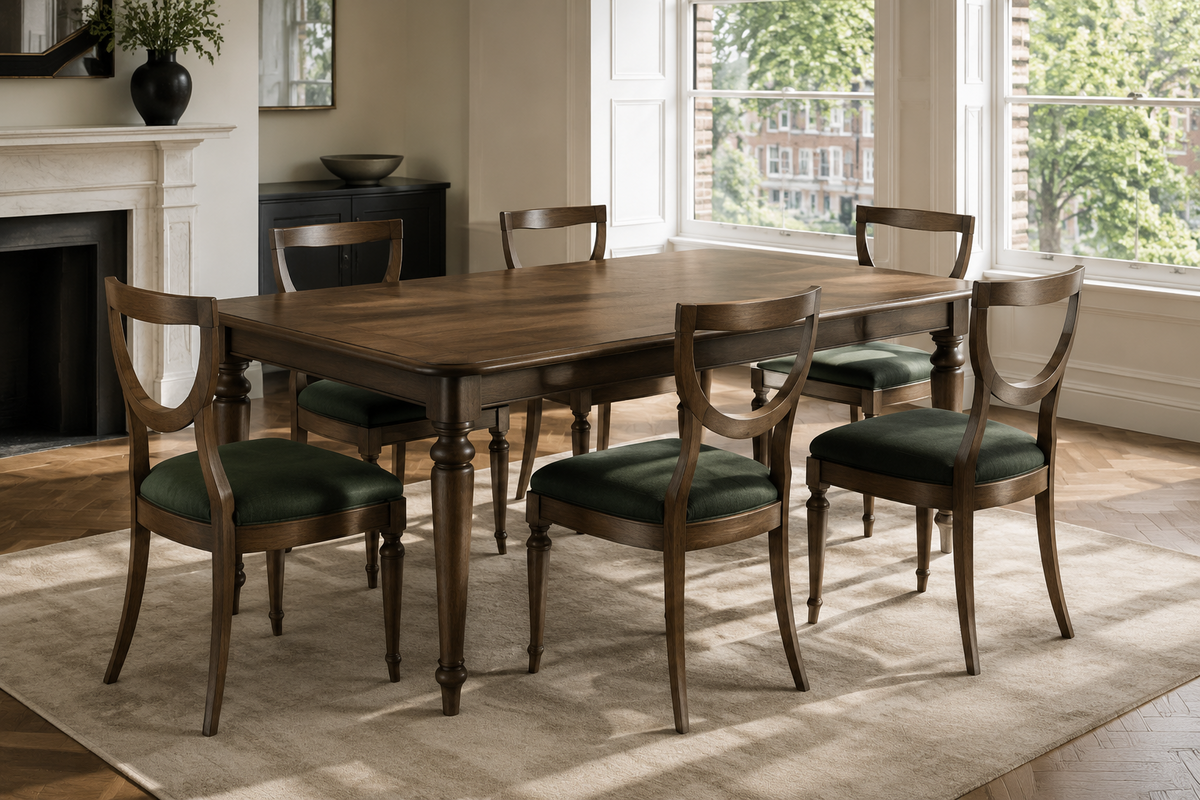 Crown Bay Manor wooden dining table with deep green upholstered chairs