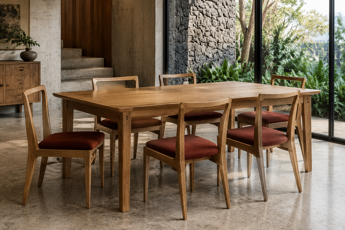 Crown Bay Terra oak dining table with burgundy upholstered chairs