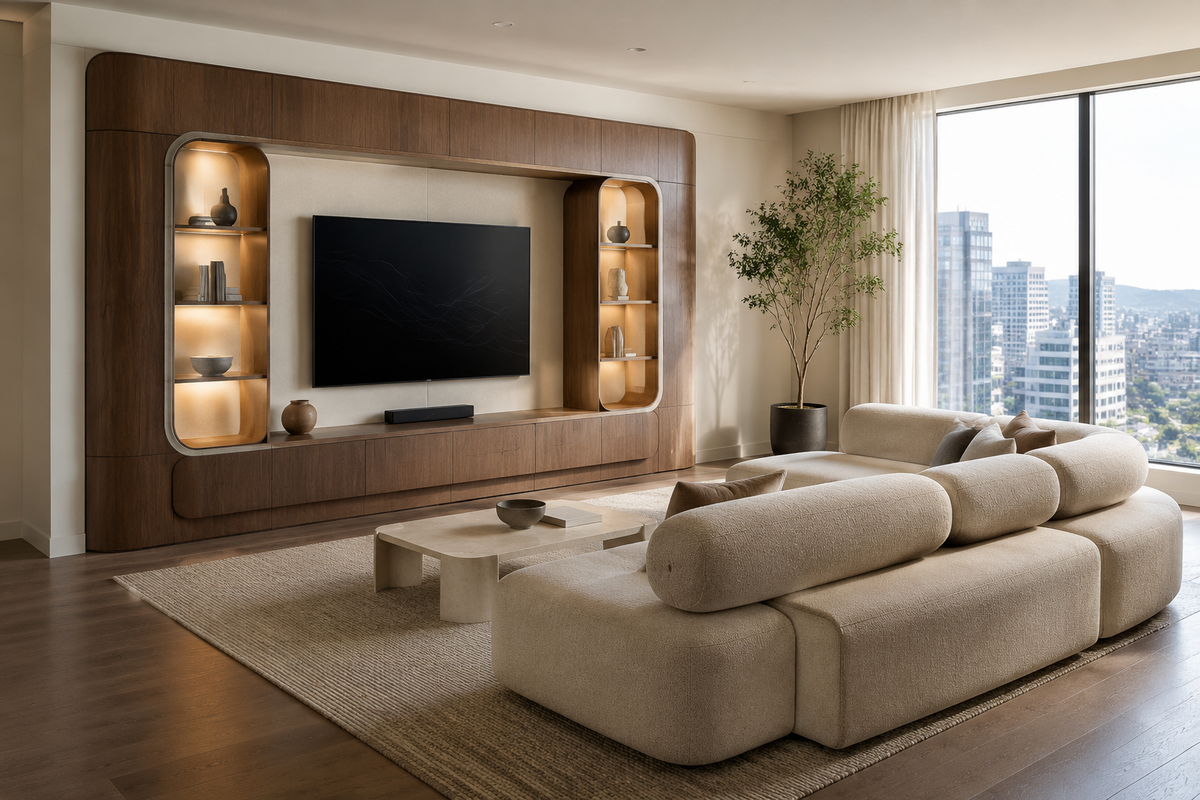 Halo walnut media wall with illuminated niches