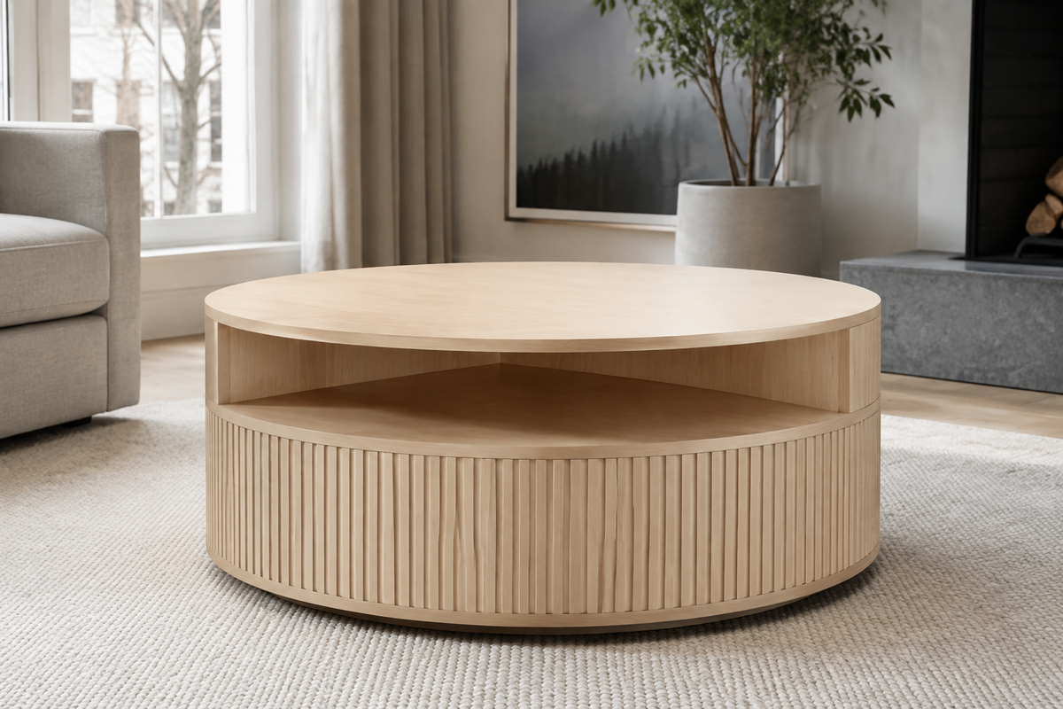Helsinki light oak round coffee table with open shelf and fluted drum base