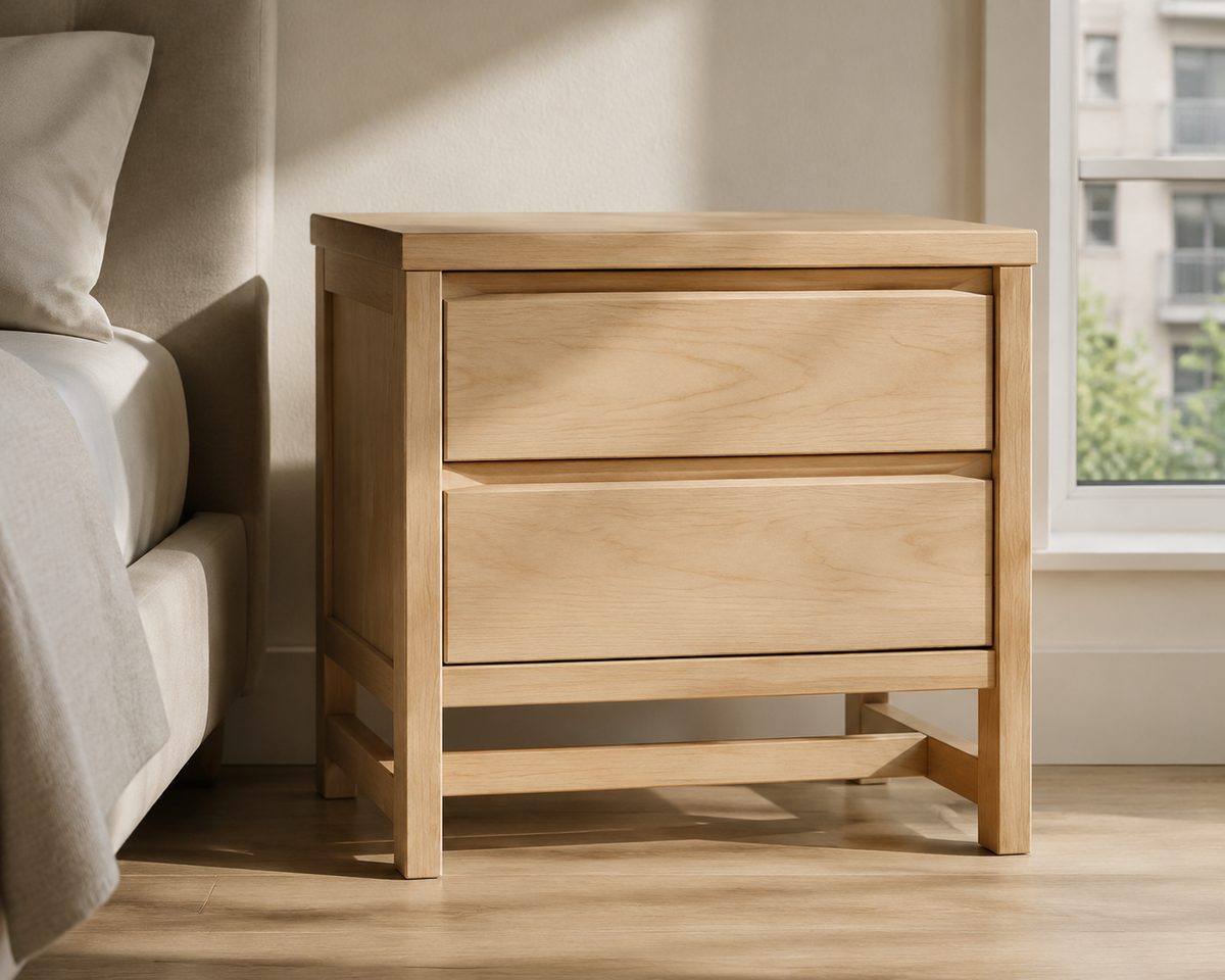Helsinki light oak side table with two handleless drawers and open base frame