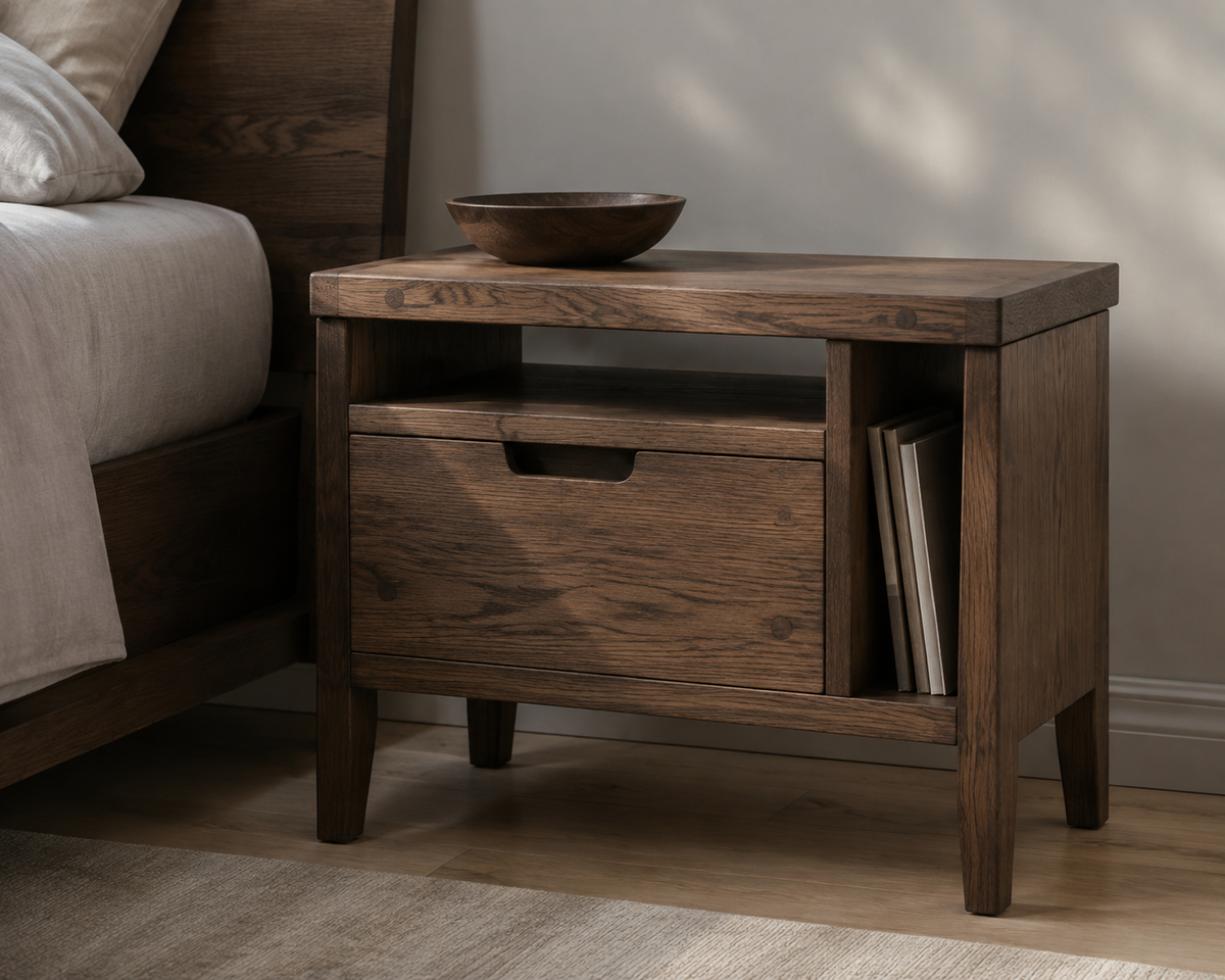 Hudson dark rustic oak side table with drawer open shelf and magazine slot