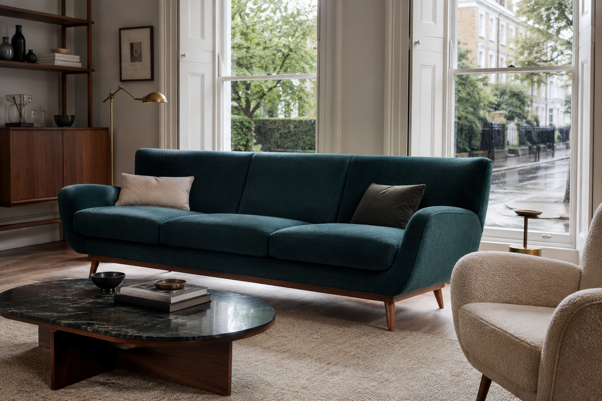 Kensington teal mid-century three-seater sofa in a London living room