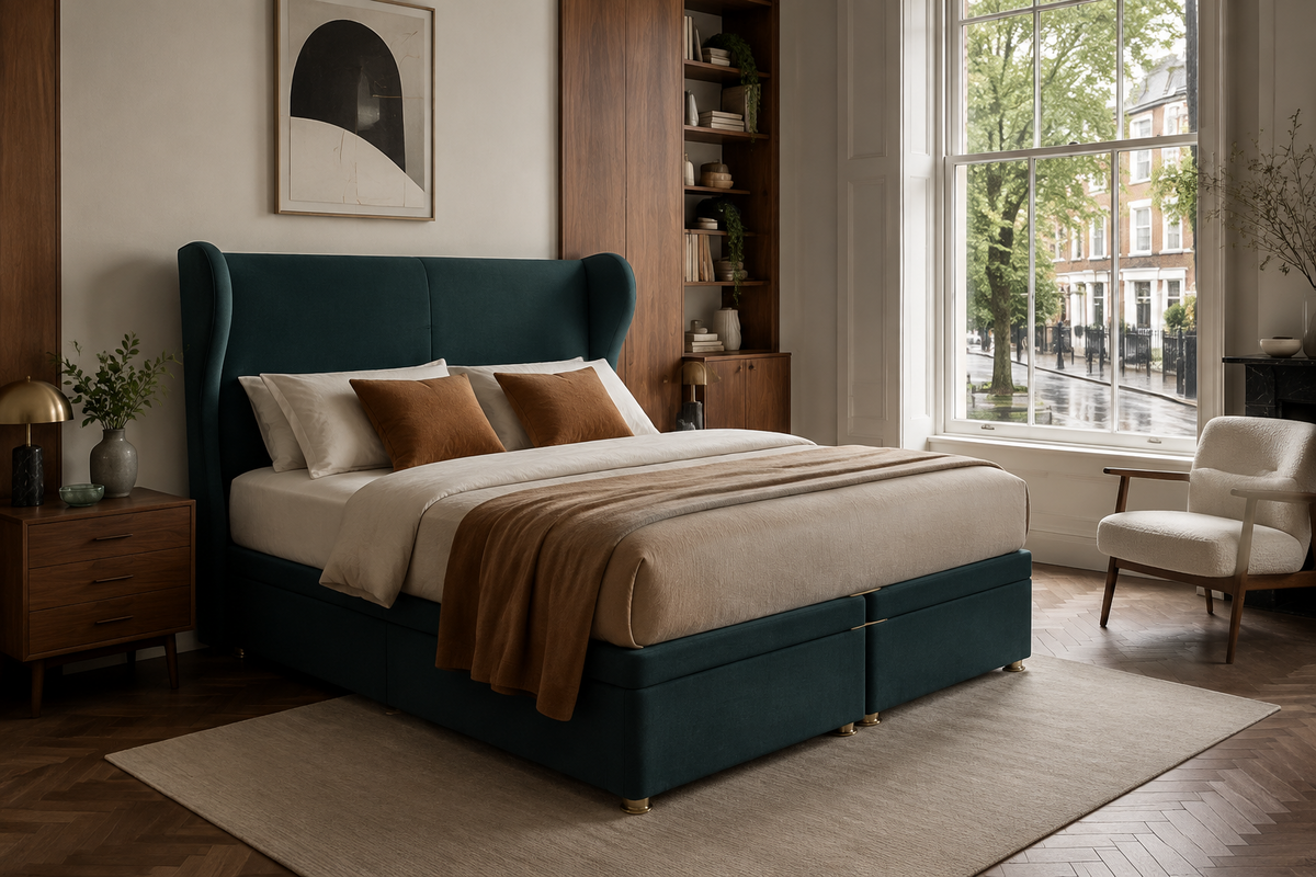 Kensington deep teal wingback divan bed in an elegant London bedroom