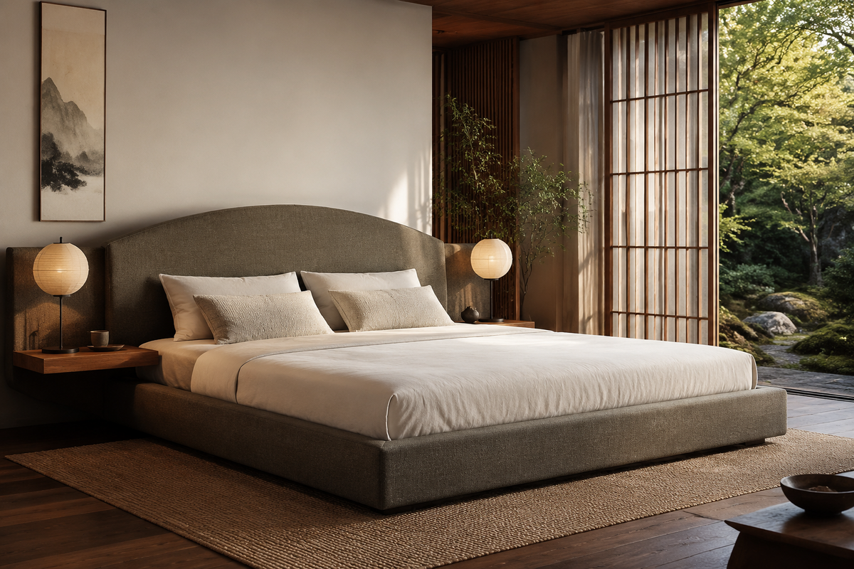 Kyoto arched greige upholstered bed in a serene Japanese-inspired bedroom