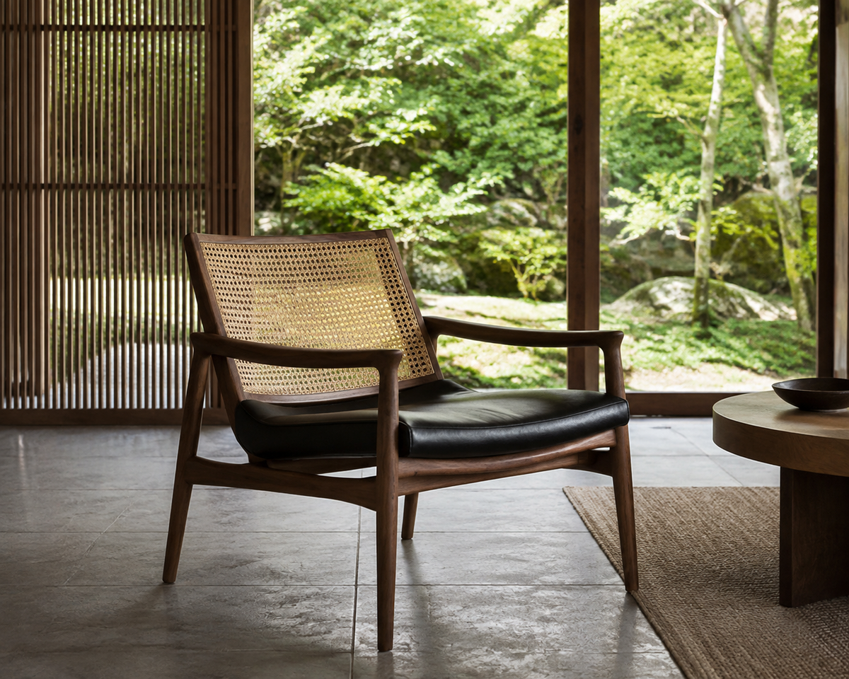 Kyoto walnut cane-back lounge chair with black leather seat