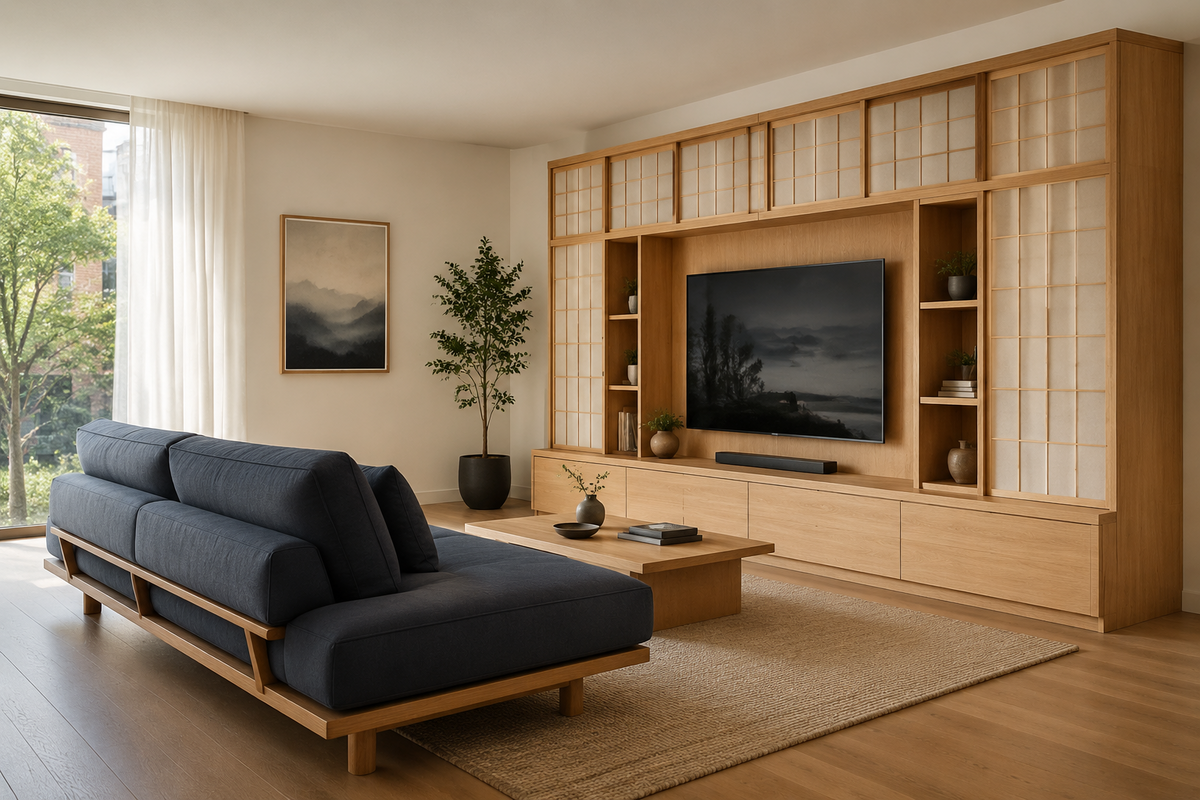 Kyoto oak grid TV wall and media storage