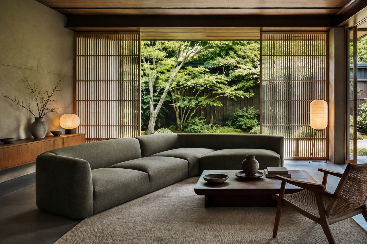 Kyoto charcoal modular crescent sofa in a Japanese-inspired living room