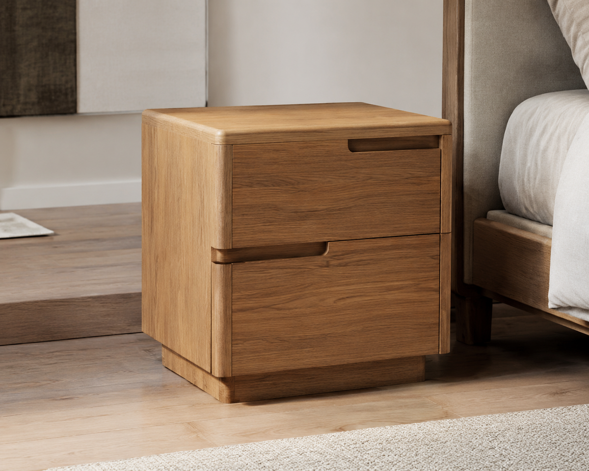 Kyoto warm oak rounded side table with two integrated-handle drawers