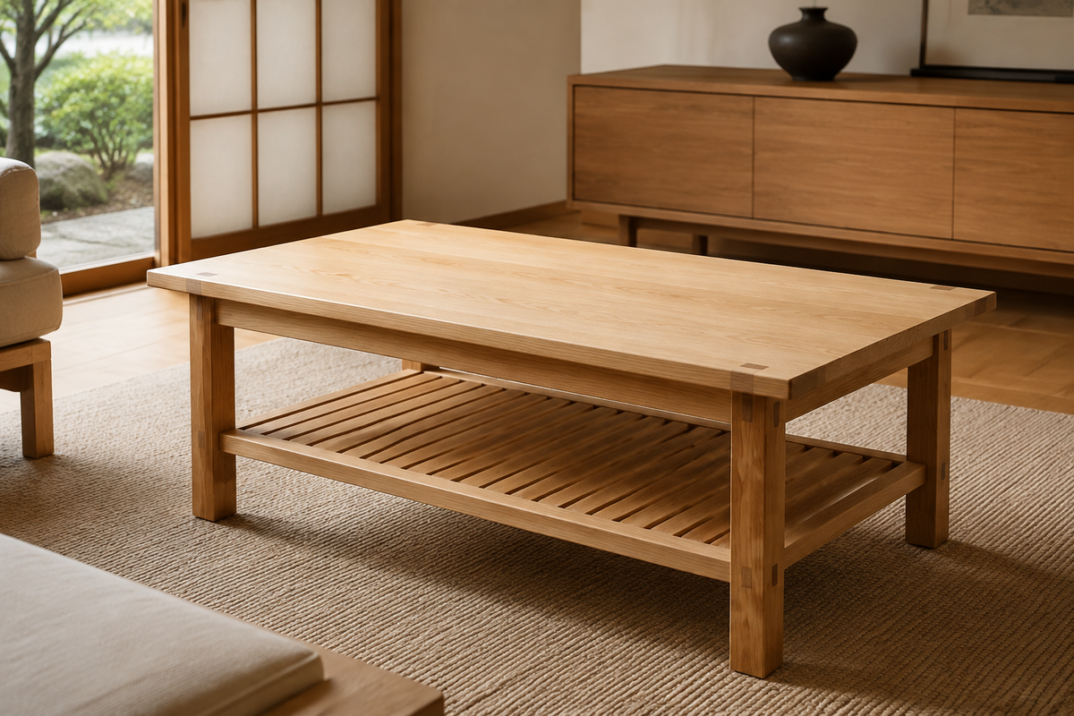 Kyoto natural oak coffee table with exposed joinery and slatted lower shelf