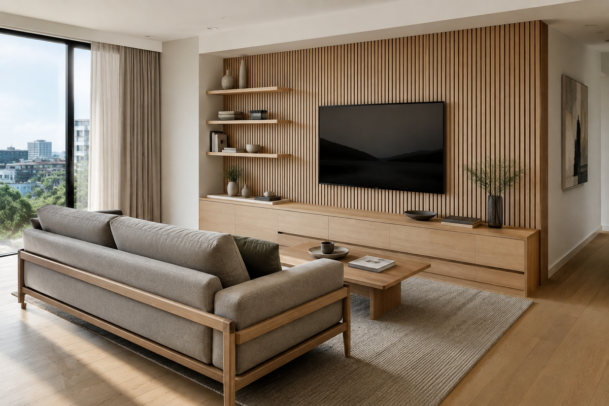 Linear oak slat TV wall with floating console