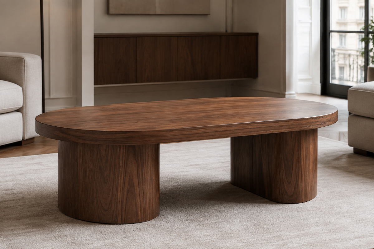 Lisbon walnut oval coffee table with twin rounded pedestal bases